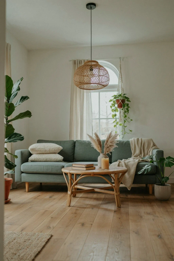 Sage Green Sofa with Rattan Accents