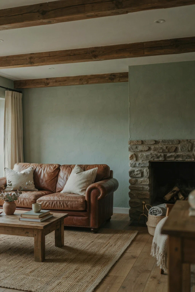  Sage Green Walls with Exposed Wood Beams
