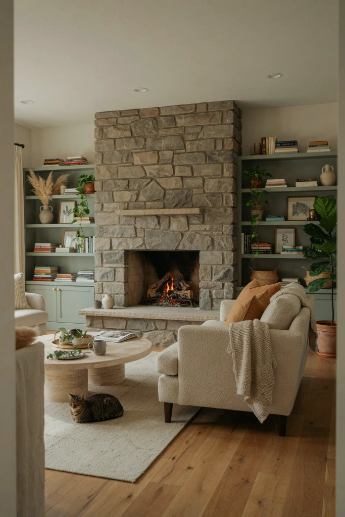 Stone Fireplace with Sage Green Built-Ins