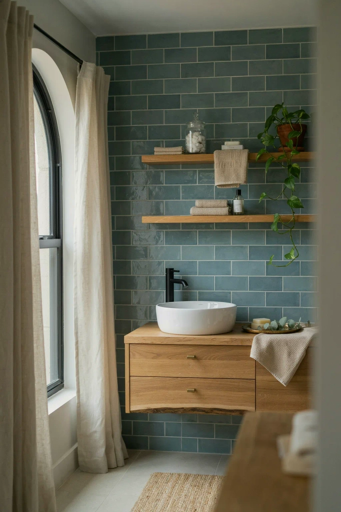  Teal Bathroom with Natural Wood