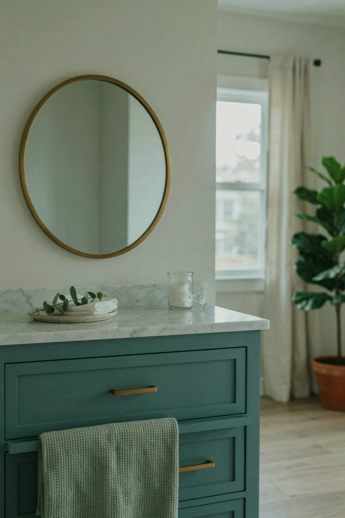 Teal Vanity with White Countertop