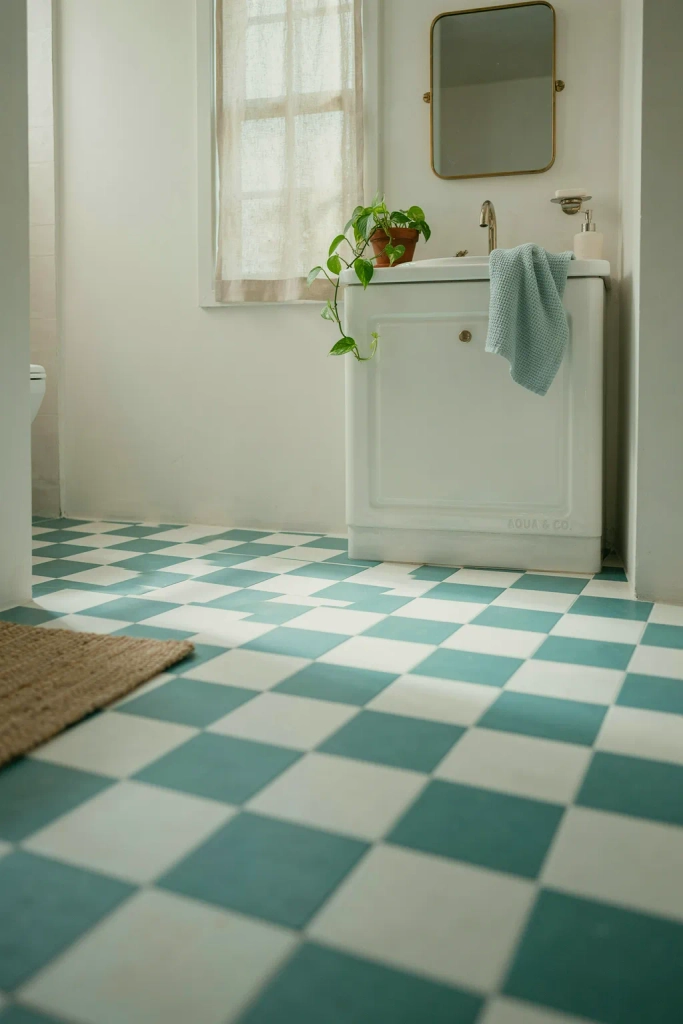 Teal and White Checkerboard Floor